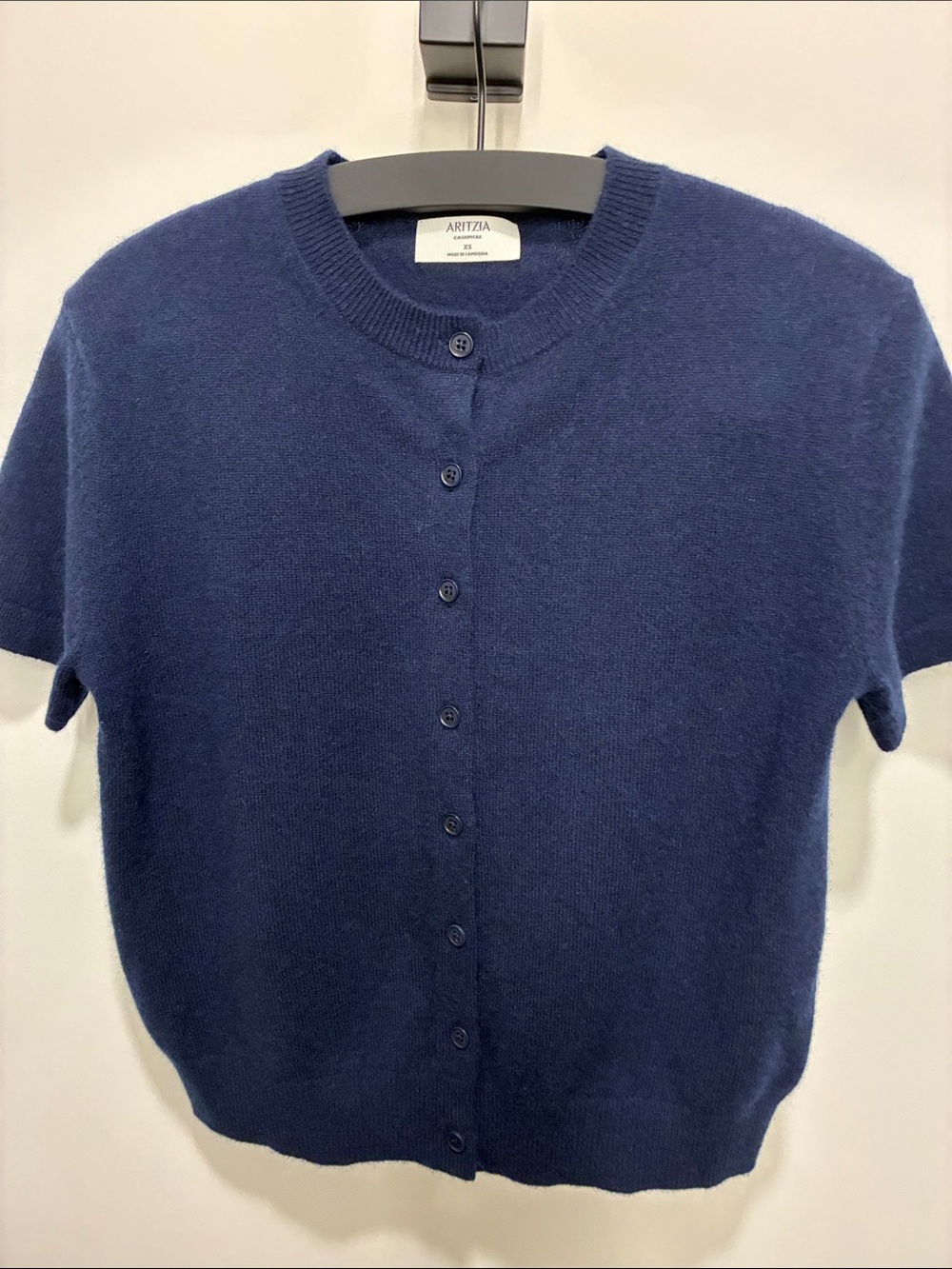 Aritzia Short-Sleeve Navy Cashmere Button Cardigan